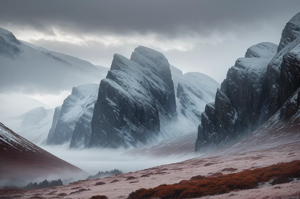 Scottish highlands, foggy day.