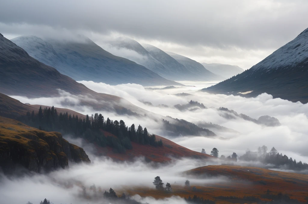 Scottish highlands, foggy day.