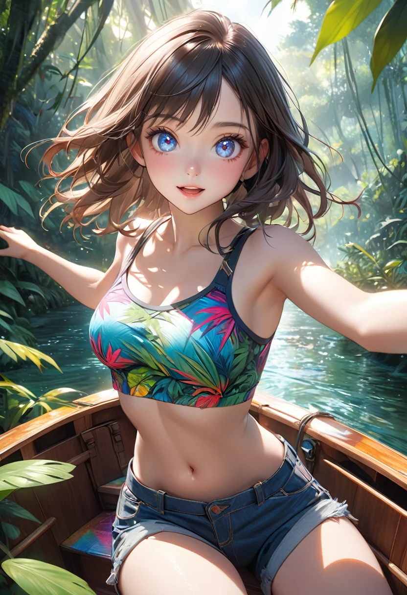 a beautiful young girl in a colorful crop top and hot pants exploring the jungle on a boat, excited to discover the unknown world, detailed face and eyes, beautiful detailed(bright eyes, sparkling pupils), beautiful detailed(exciting face), middle breasts, highest detailed, 16k, hyper-realistic, photorealistic:1.37, masterpiece:1.2, highres, dynamic exciting pose, river, lush vegetation, sunlight filtering through leaves, sense of adventure, vibrant colors, detailed portrait