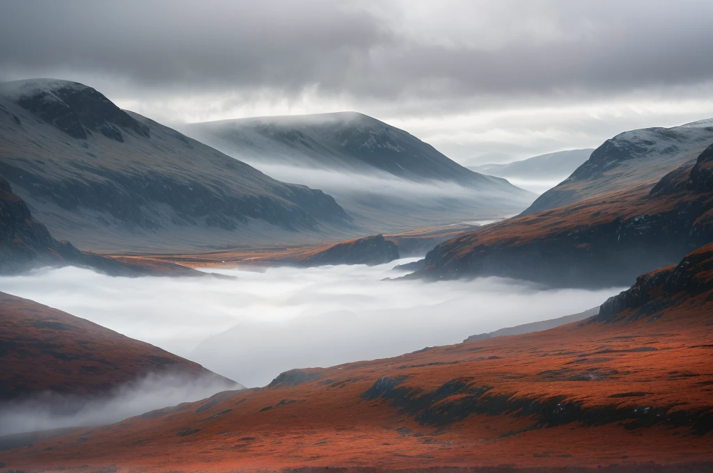 Scottish highlands, foggy day.