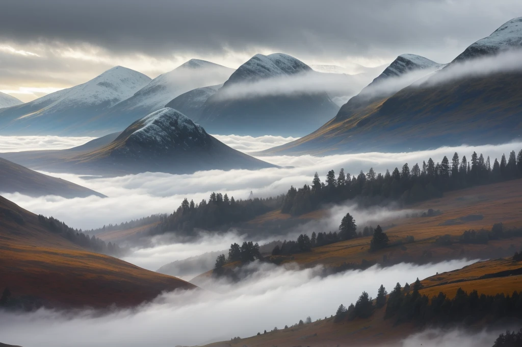 Scottish highlands, foggy day.