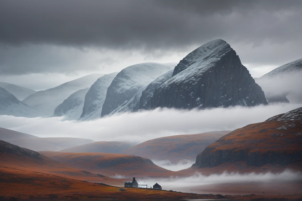 Scottish highlands, foggy day.