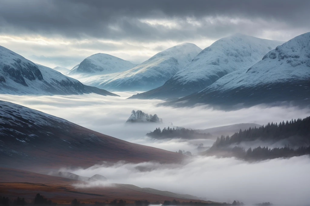 Scottish highlands, foggy day.
