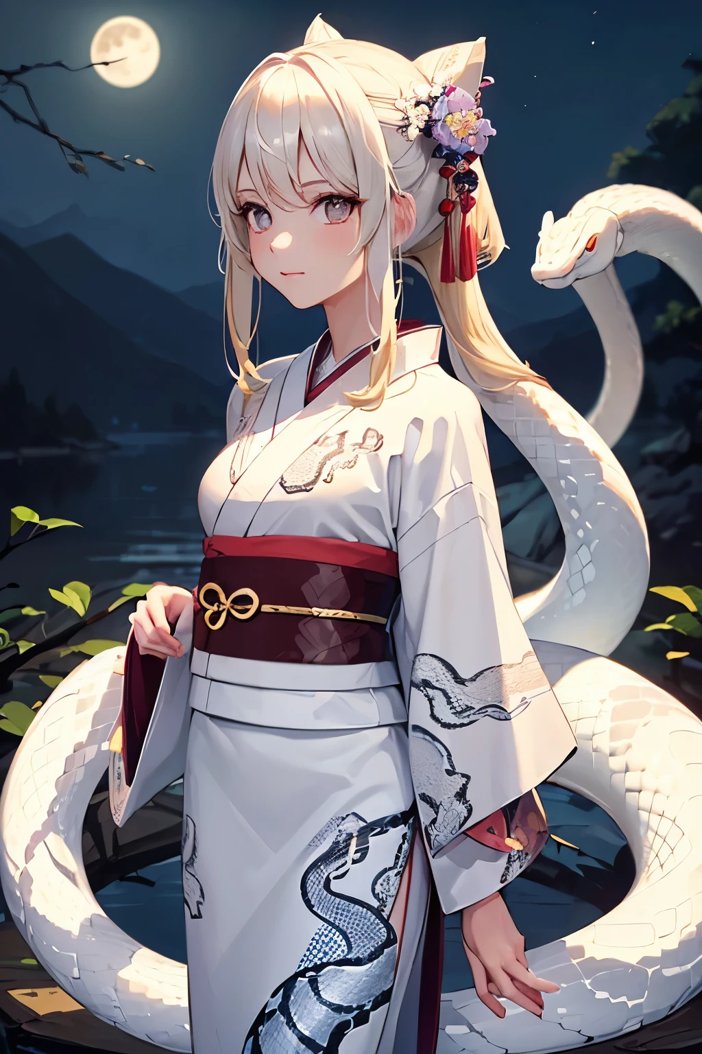 (((,White Snake Collar))),petitgirl with blonde twin tail,Masterpiece, best quality, outdoor, night, full moon, lakeside, Branches, Chinese style, ancient China, (((Wearing a snake-patterned kimono)))