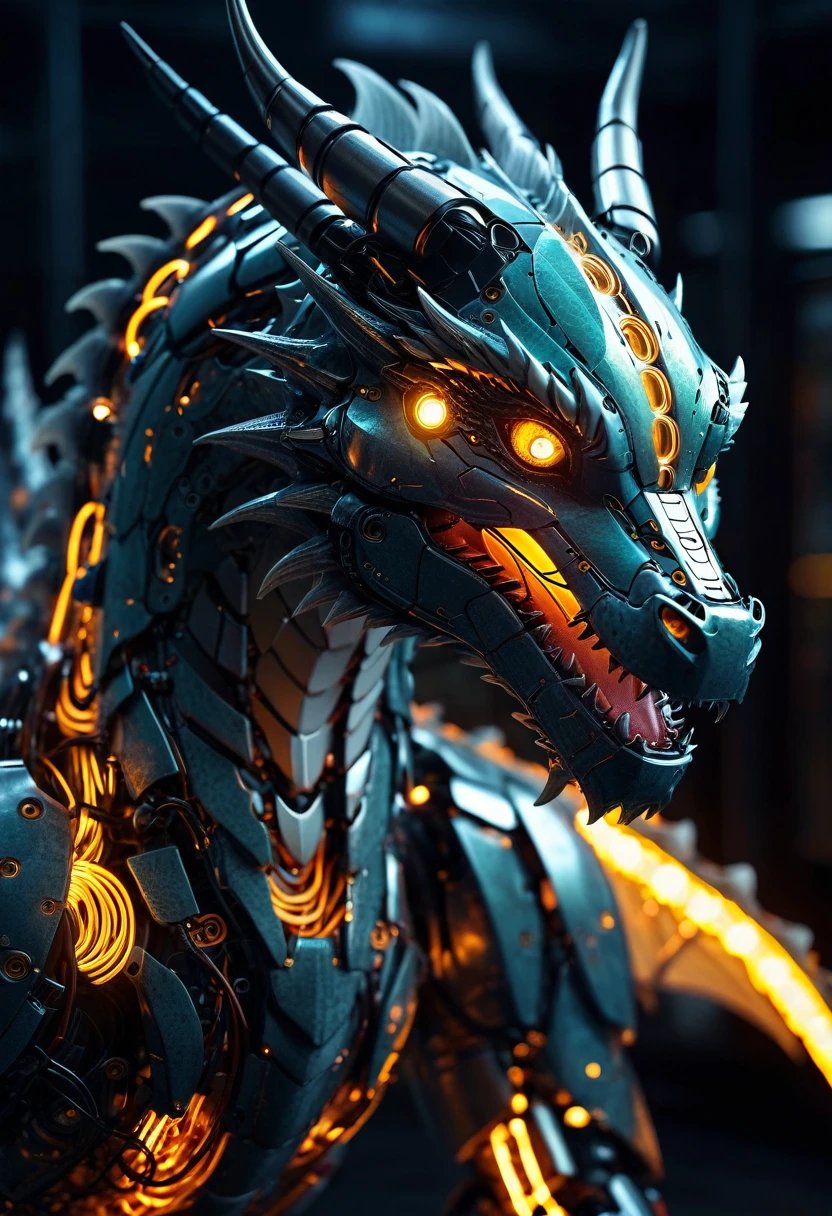 Translucent Film Still ,Dragon (cybernetic robotic dragon:1.5), (glowing veins:1.3) (cables going into body, circuitry:1.3), highly detailed, vignette, highly detailed, high budget, blurry, moody, awesome, nice, film grain, grainy masterpiece realistic, highest quality, perfect detail, intricate detail, nice lighting, detailed background, realistic, highest quality perfect detail, intricate details, nice lighting, detailed backgrounds,...