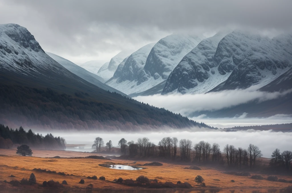 Scottish highlands, foggy day.
