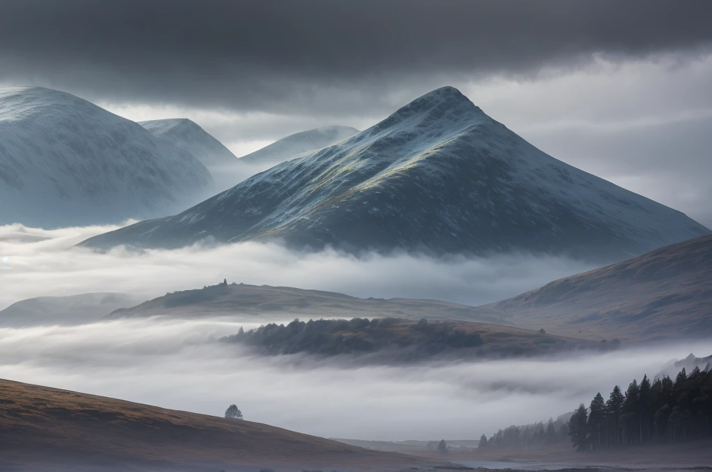 Scottish highlands, foggy day.