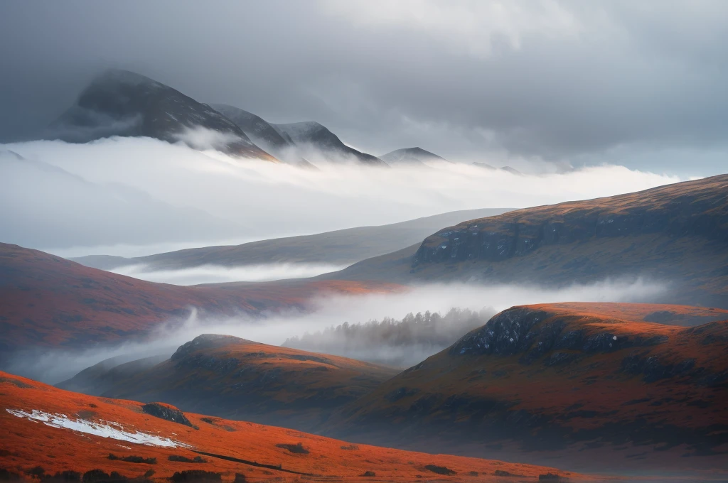 Scottish highlands, foggy day.