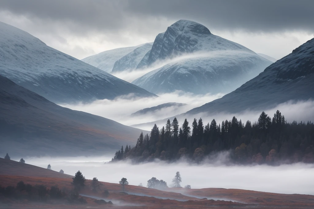 Scottish highlands, foggy day.