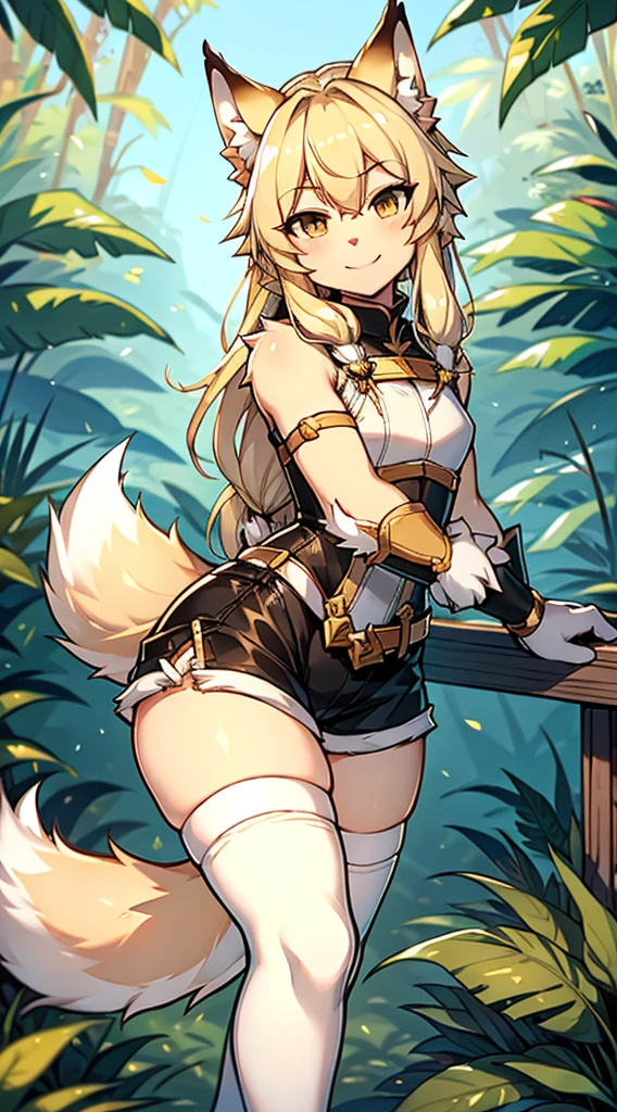 Wolf Boy，Wolf-eared boy，Archer Boy，Smile，cute，Tail，狼Tail，金色Tail，Hunter Junior，furry，furry，hairy，Blonde hair all over，Golden fur，Golden fur，Green Archer Costume，quiver，背着quiver，Long hair，blond，hunter costume，hunter costume，furry，White silk knee socks，White knee socks，White lace over-the-knee socks，Shorts Leather Shorts，Big Ass，Pseudo-sissy ass，femboy，绿色hunter costume，Forest Background，Jungle Background，Outdoor Background