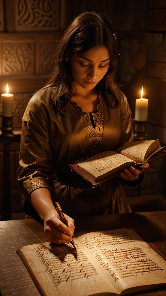 a medieval illuminated manuscript, ornate calligraphy, a monk writing with a quill, parchment paper, candlelight, antique aesthetic, warm lighting, intricate details, soft textures, aged appearance, sepia tones, chiaroscuro lighting, high detail, photorealistic, 8k, best quality