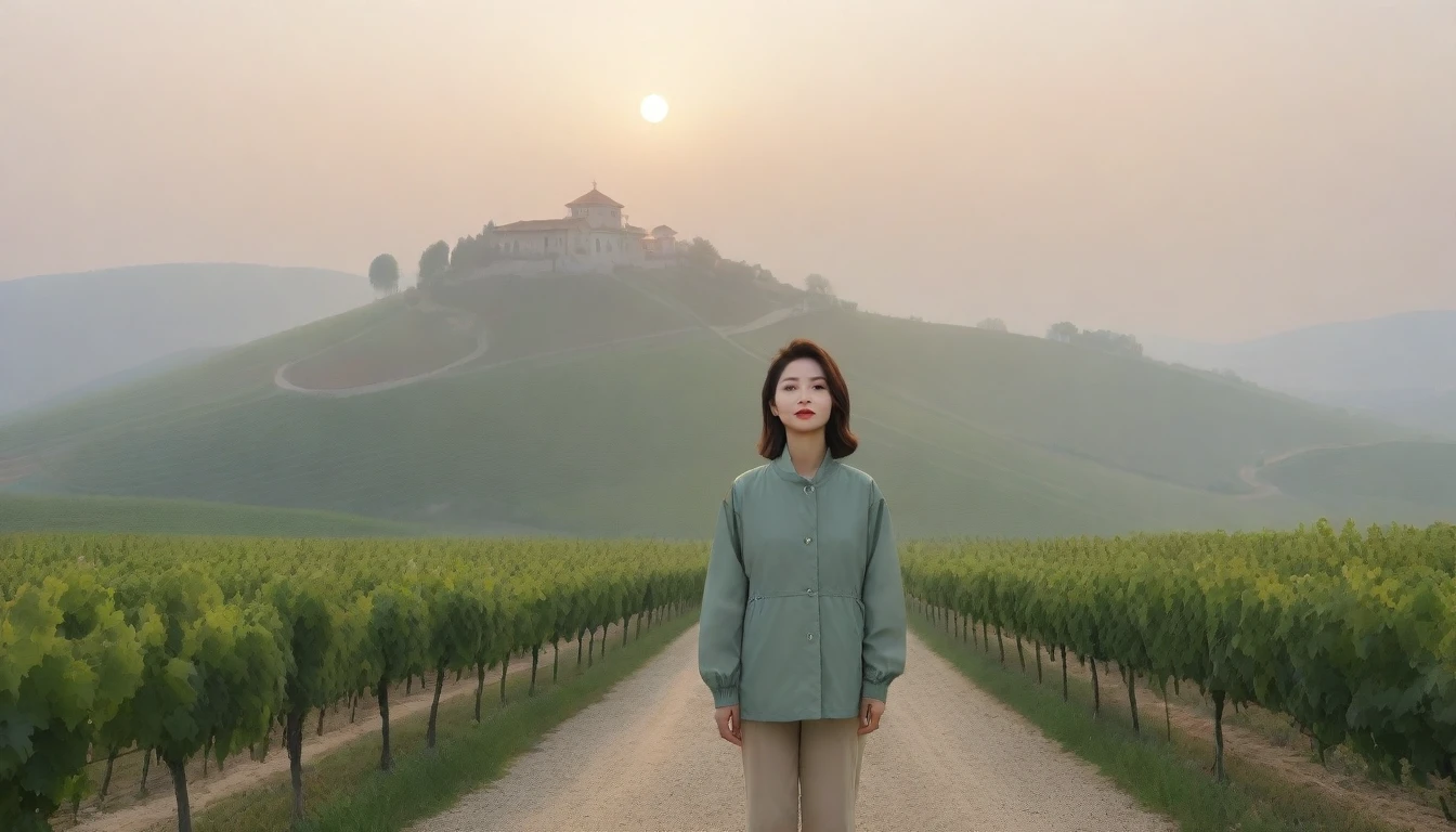 8k realistic, lifelike photo,, 36 year old Korean woman, Short in stature, pretty like a model. High-end luxury brand windbreaker, casual pants, short medium hair, Smiley, Italy. vineyard, thick dawn fog. vineyard 멀리 짙은 안개 속으로 성당이 보인다. 1 woman, Short in stature, Excellent picture quality, The morning fog is thick, The picture quality is alive. 옆면 look up, sunrise red light, A monastery can be seen in the distance, . Smiley, wide angle lens shot, look up, standing on the path