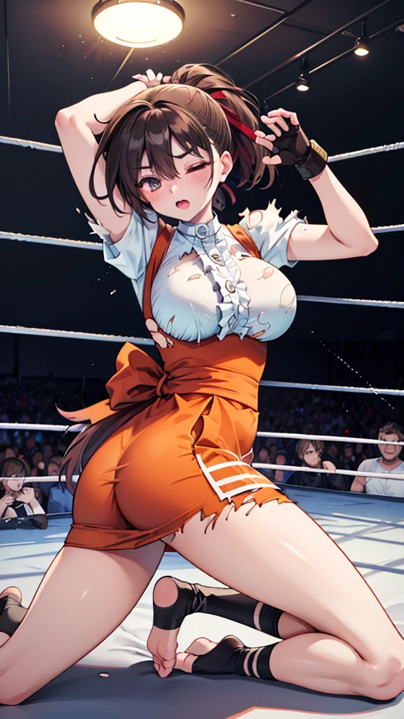 Highest quality，masterpiece，lean back，sleep，(レスリングのリングにlean back, WWE Divas，Wrestling Arena，Wrestling ring background, Boxing ring background), Facing forward, Lack of stamina, Ryona, Hitting a girl, death is near，タケユカ 超ロングヘア ヘアribbon, Frilled shirt, Underbust, ribbon, Fingerless gloves, White gloves, Waist apron, Orange Skirt, socks, Toeless legwear，winner, Nice, winner, (Moaning , Open your mouth), ((, defeat，Facing forward, lean back，Torn clothes，Torn clothes，　Tattered clothes，sleep, lose consciousness, Unconscious, )), , ( Tilt your head),
