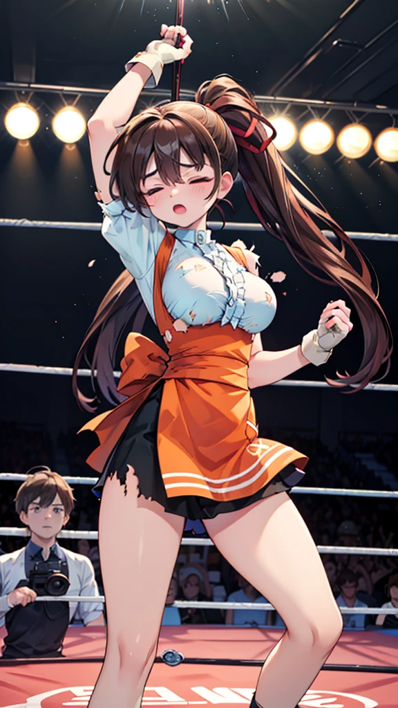 Highest quality，masterpiece，lean back，sleep，(レスリングのリングにlean back, WWE Divas，Wrestling Arena，Wrestling ring background, Boxing ring background), Facing forward, Lack of stamina, Ryona, Hitting a girl, death is near，タケユカ 超ロングヘア ヘアribbon, Frilled shirt, Underbust, ribbon, Fingerless gloves, White gloves, Waist apron, Orange Skirt, socks, Toeless legwear，winner, Nice, winner, (Moaning , Open your mouth), ((, defeat，Facing forward, lean back，Torn clothes，Torn clothes，　Tattered clothes，sleep, lose consciousness, Unconscious, )), , ( Tilt your head),
