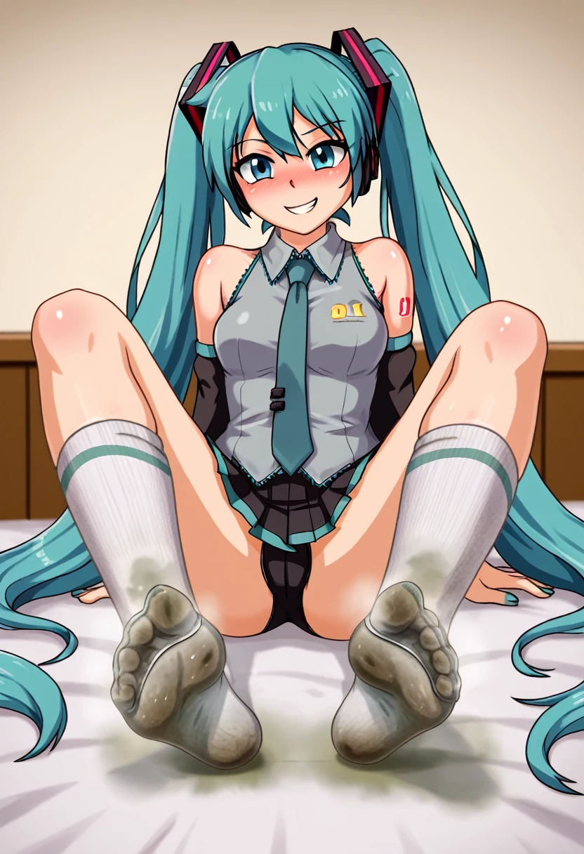 Hatsune miku, feet, soles, socked feet, white socks, dirty socks, stinky socks, high socks, dominant look. Masterpiece, UHD