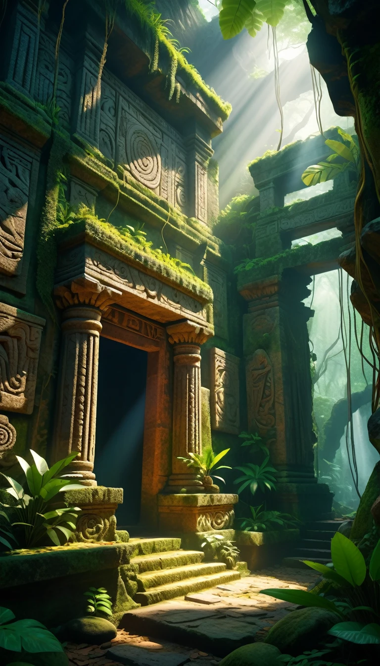 A team of geologists discovering glyphs on a wall covered with greenery and jungle, lush tropical jungle, ancient ruins, mysterious stone carvings, detailed exploration, (best quality,4k,8k,highres,masterpiece:1.2),ultra-detailed,(realistic,photorealistic,photo-realistic:1.37),vivid colors,cinematic lighting,epic adventure,dramatic composition,volumetric fog,god rays,intricate details,ancient artifacts,archeological expedition,dense foliage,mossy stones,vines and creepers,sunlight filtering through leaves,rugged terrain,adventure illustration