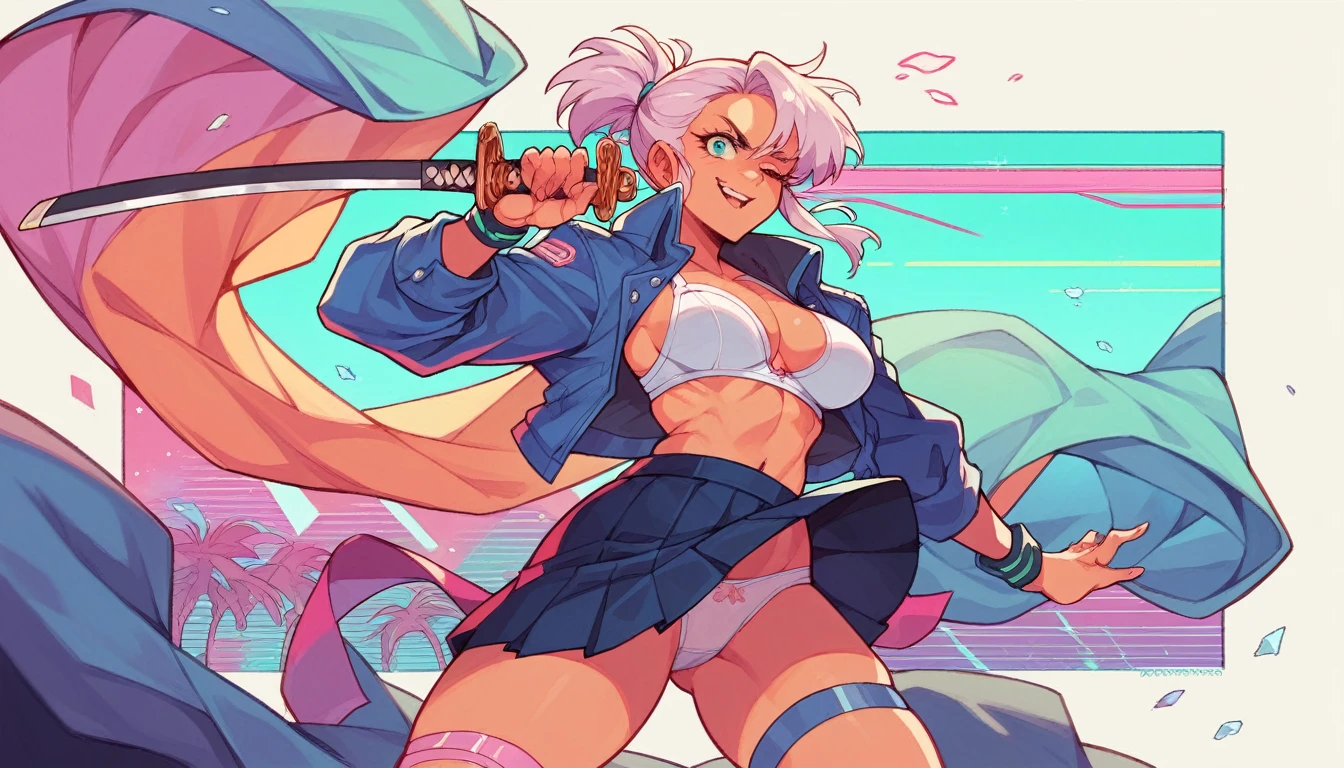 A warrior girl she only has one eye without a bra and skirt showing her transparent and tight white panties wearing a katana in a busty retrowave scene