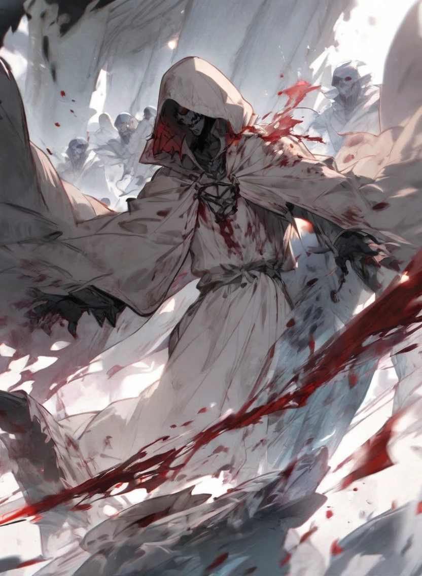 male warlock dnd, undead body, wearing a bloodstained white hood cloak with a blood 