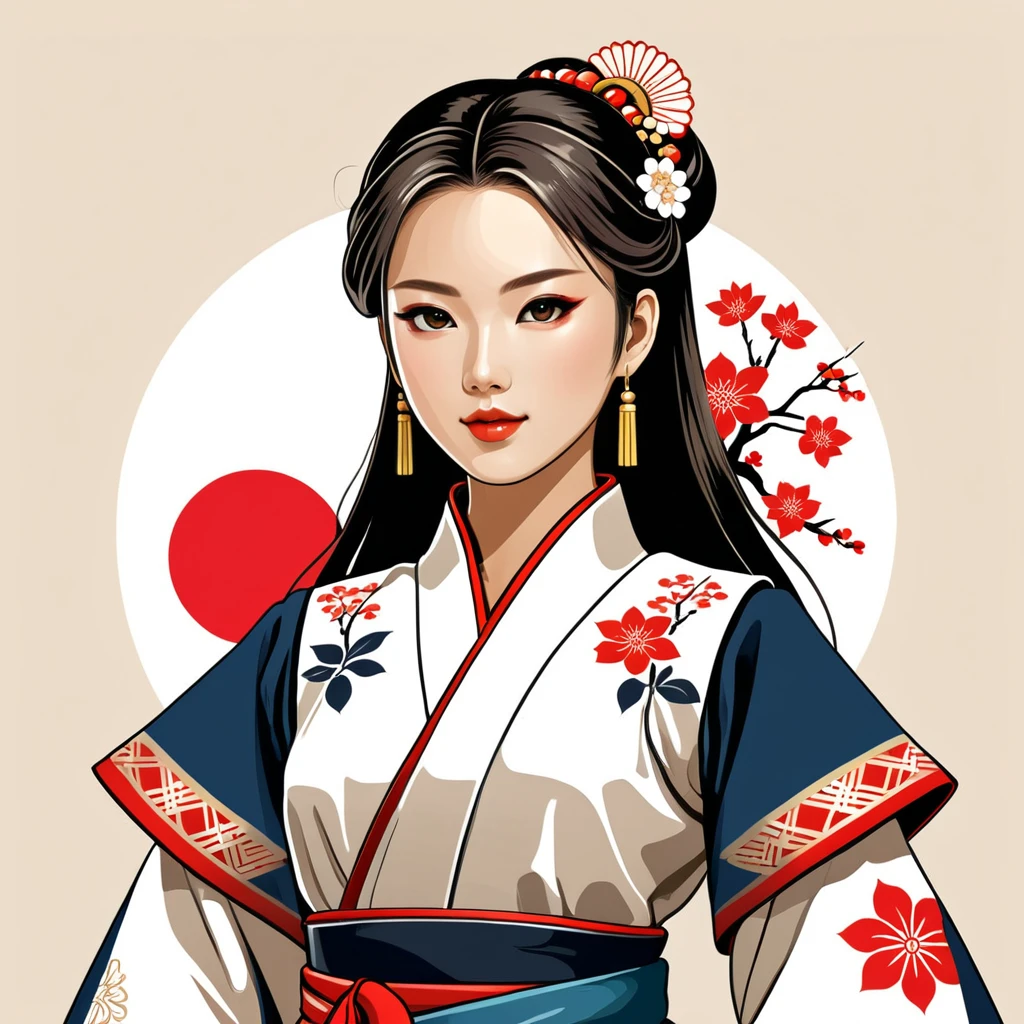 female android in japan folk outfit, vector graphics, strong contours, logo design
