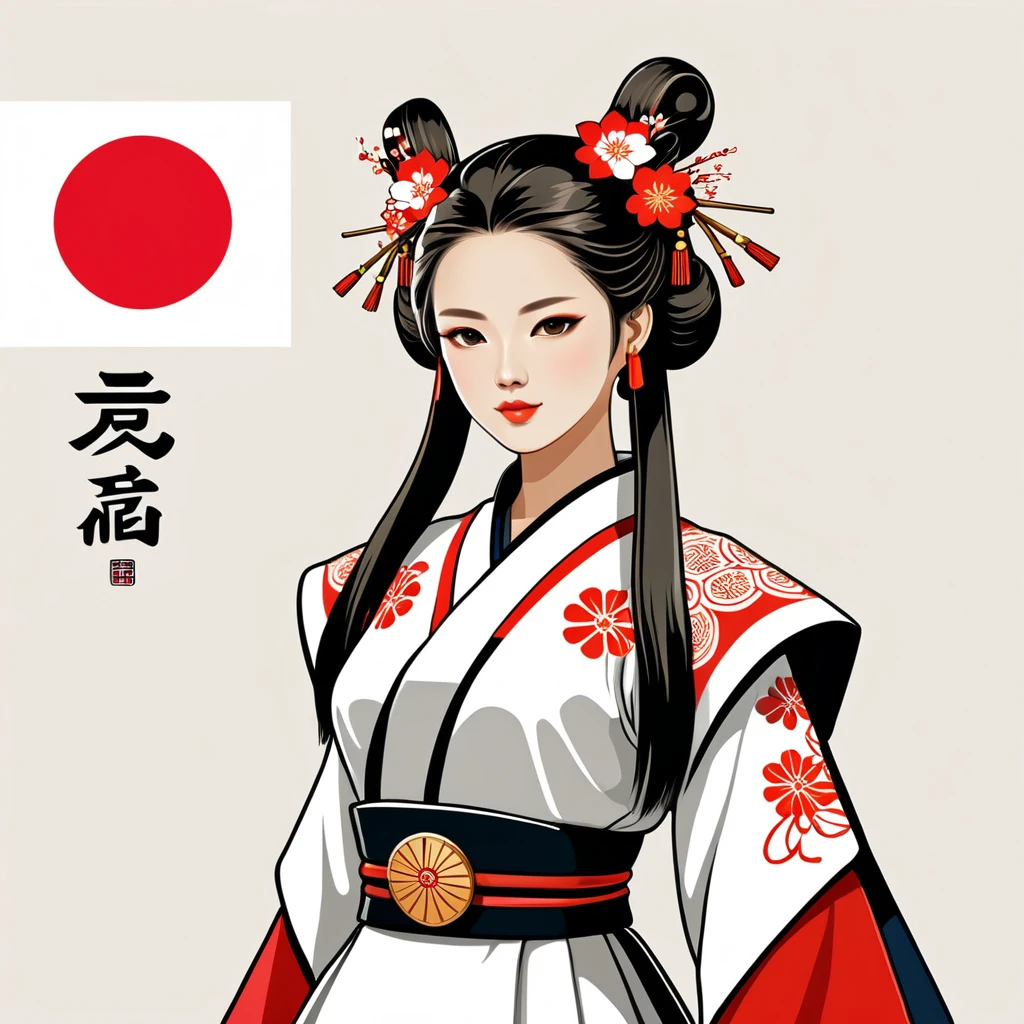 female android in japan folk outfit, vector graphics, strong contours, logo design