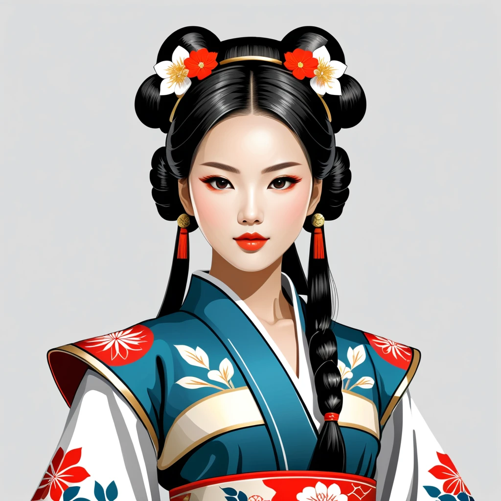 female android in japan folk outfit, vector graphics, strong contours, logo design
