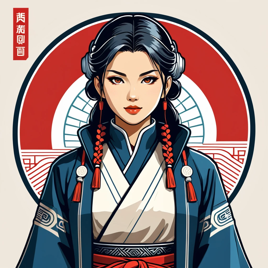 female warlord in japan folk outfit, vector graphics, strong contours, logo design
