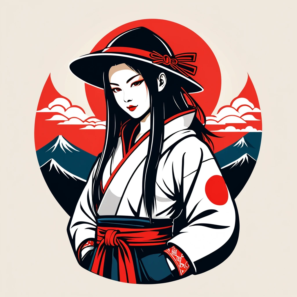 female hacker in japan folk outfit, vector graphics, strong contours, logo design