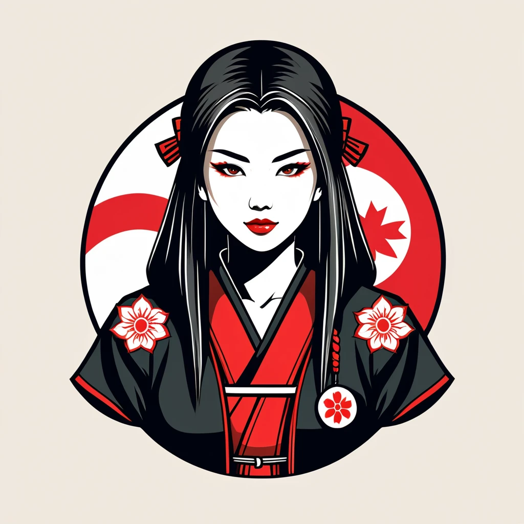 female hacker in japan folk outfit, vector graphics, strong contours, logo design