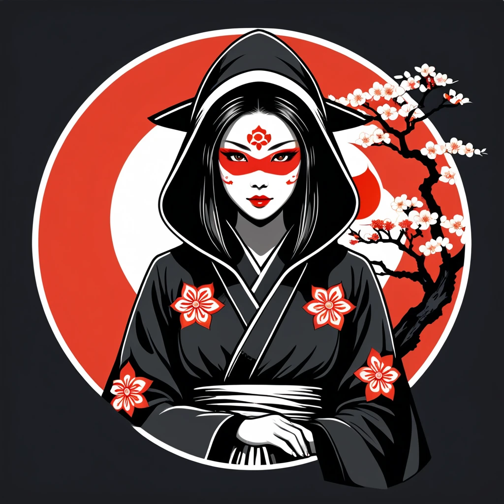 female hacker in japan folk outfit, vector graphics, strong contours, logo design
