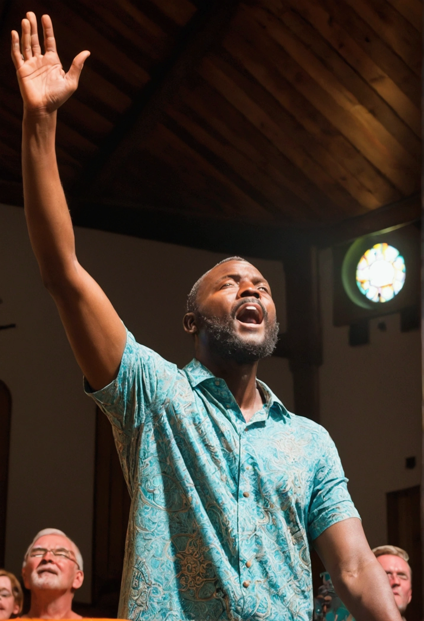 A coastal man , people with one arm raised in worship,inside a church, stage lighting only