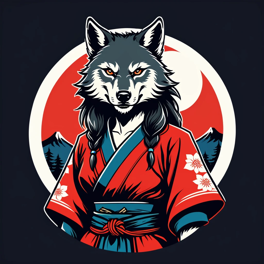 female werewolf in japan folk outfit, vector graphics, strong contours, logo design
