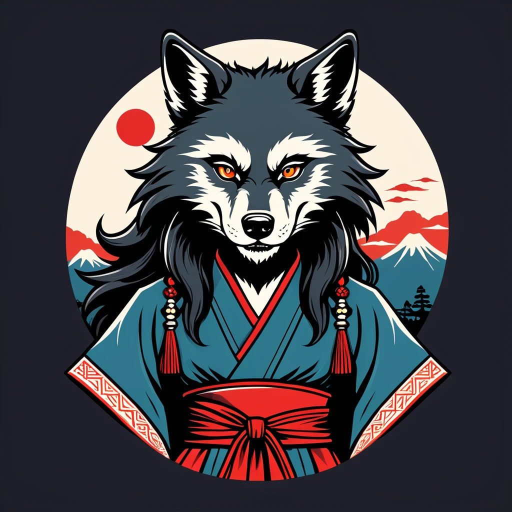 female werewolf  in japan folk outfit, vector graphics, strong contours, logo design
