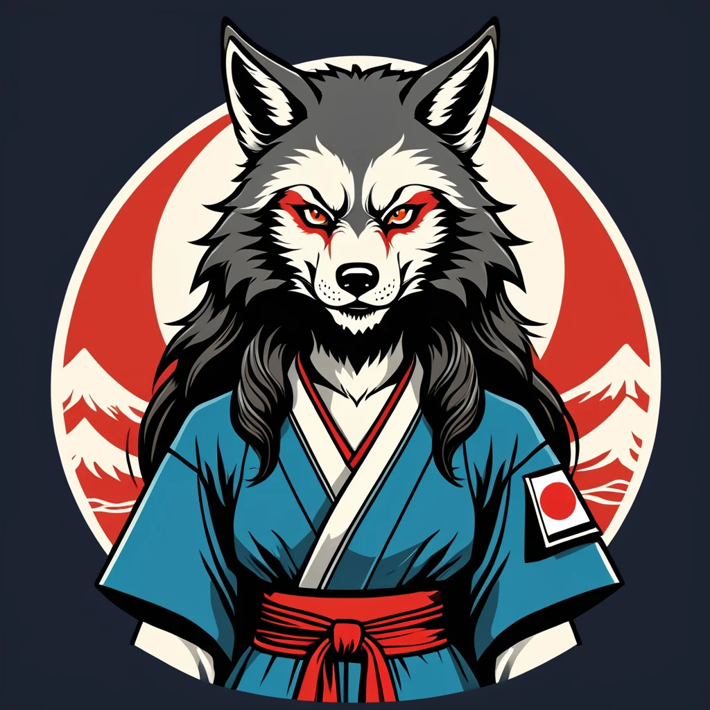 female werewolf in japan folk outfit, vector graphics, strong contours, logo design