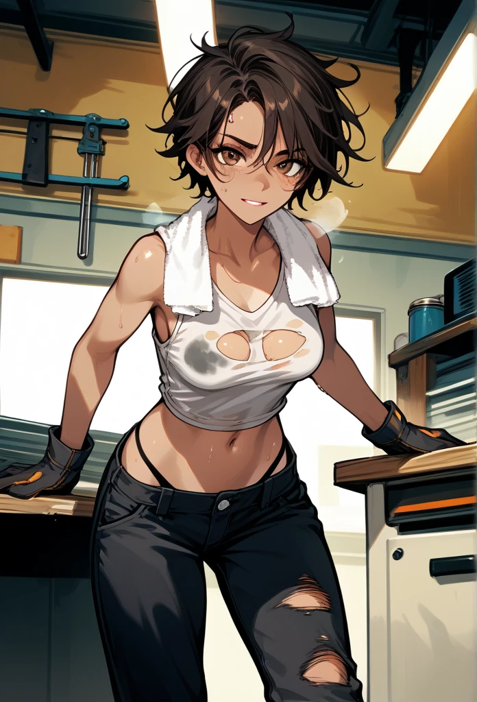 ((topless)), nsfw, masterpiece, 1 girl, erect nipples, intricately detailed, navel, bare shoulders, brown hair, hard hat, construction site, towel on neck, wiping sweat, baggy pants, cargo pants, extremely detailed, bare breasts, puffy nipples, green eyes, bare stomach, sweaty, medium breasts, arm strap, cowboy shot, holding sledgehammer, , chain, soft eyes, smiling, day, belt, rubble