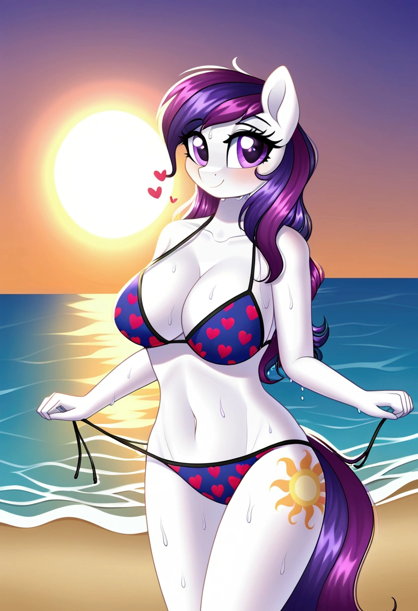 My little pony, anthro, white body, purple eyes, (spaced hair pattern), hearts patterned bikini, beach, big breasts, wet body, puzzled reaction, sun shafts, RTX, beautiful quality, summer memories, perfect summer day, (daylight), sun