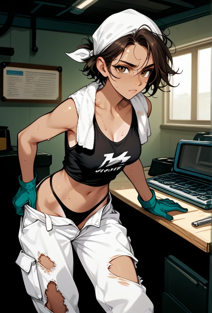 masterpiece, best quality, mature woman, messy hair, black hair, brunette gradient hair color, hot face, (tomboy face), tan skin, mature body, fit body, medium breasts, mechanic gloves, (dirty tank top), stained tank top, midriff, white bandana, mechanic pants, loose pants, workshop, (sweaty), bending over, towel around neck, black thong lines, ripped pants, spreading legs
