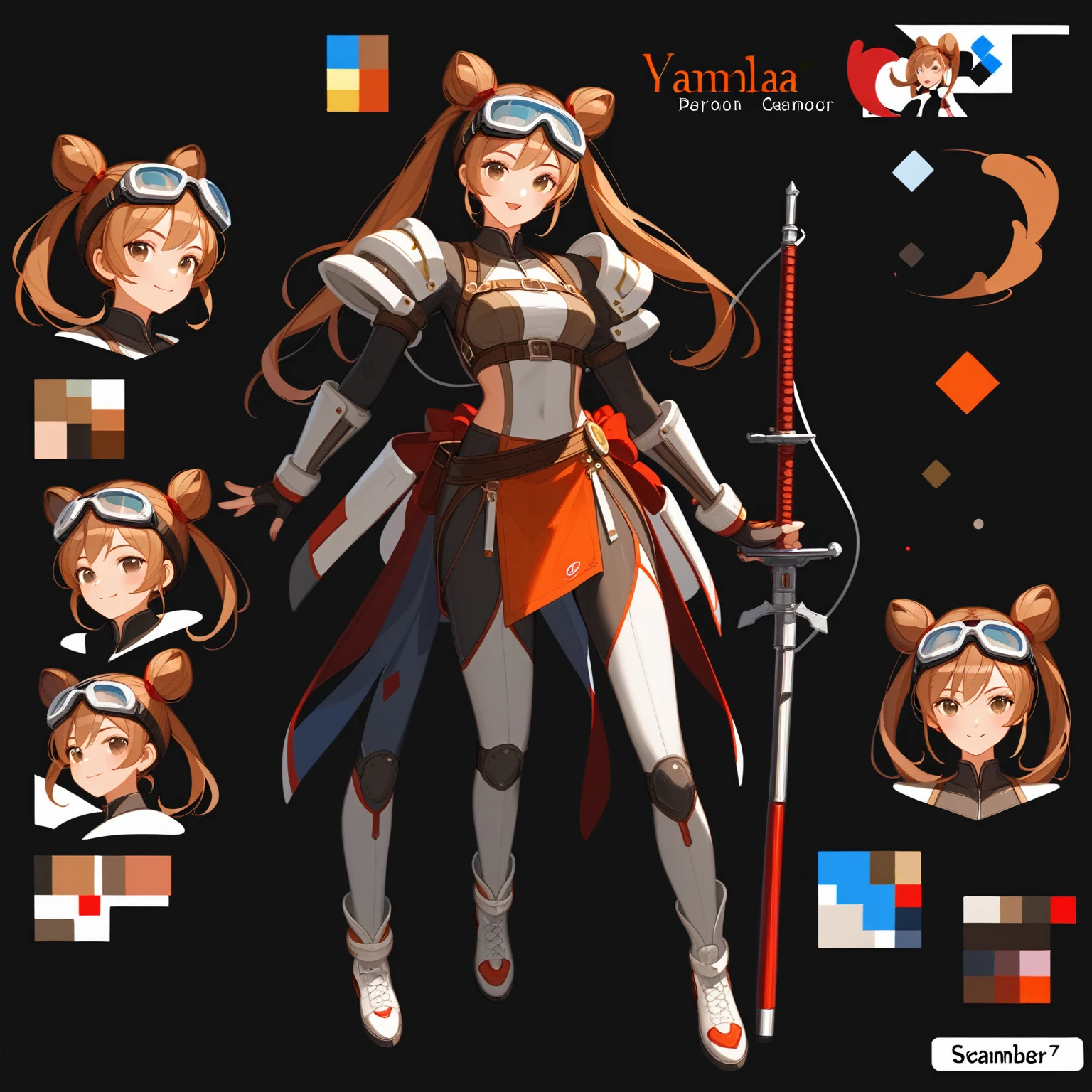Highest quality, Ultra-detailed CG Unity 8k Wallpaper, Beautiful details、goggles、Helmet、Worn out work clothes、work shoes、Holding a spanner in hand、Brown twin tails、Bad mood、Round eyebrowechanic、Selfish personality、Full body painting、Front view、Character Sheet、Mr.々A pose、Video game character design、Short、About 150cm tall、Poses that show the whole body、Game setting materials