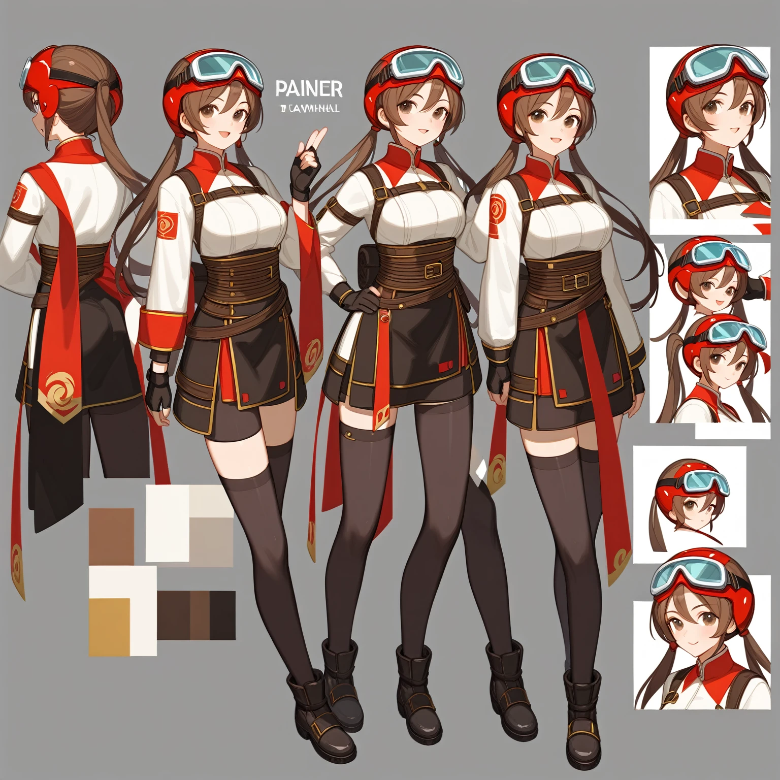 Highest quality, Ultra-detailed CG Unity 8k Wallpaper, Beautiful details、goggles、Helmet、Worn out work clothes、work shoes、Holding a spanner in hand、Brown twin tails、Bad mood、Round eyebrowechanic、Selfish personality、Full body painting、Front view、Character Sheet、Mr.々A pose、Video game character design、Short、About 150cm tall、Poses that show the whole body、Game setting materials