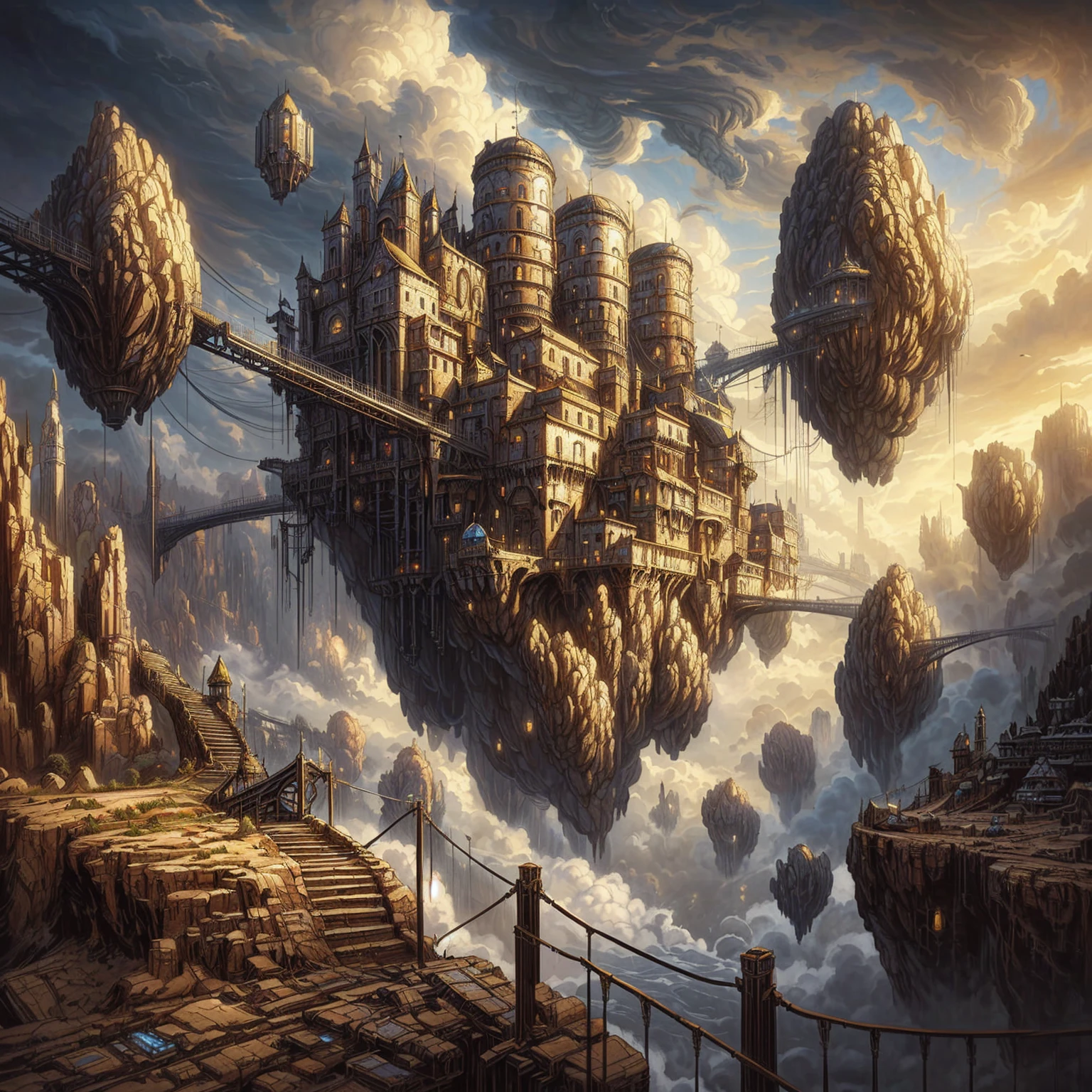 a painting of a futuristic city in the sky with a bridge, highly detailed fantasy art, surreal concept art, symmetrical epic fantasy art, floating city on clouds, science fantasy painting, fantasy surrealism, flying cloud castle, steampunk villages castles, inspired by Alejandro Burdisio, surreal and fantasy art, breathtaking fantasy art, epic fantasy sci fi illustration, wide angle fantasy art