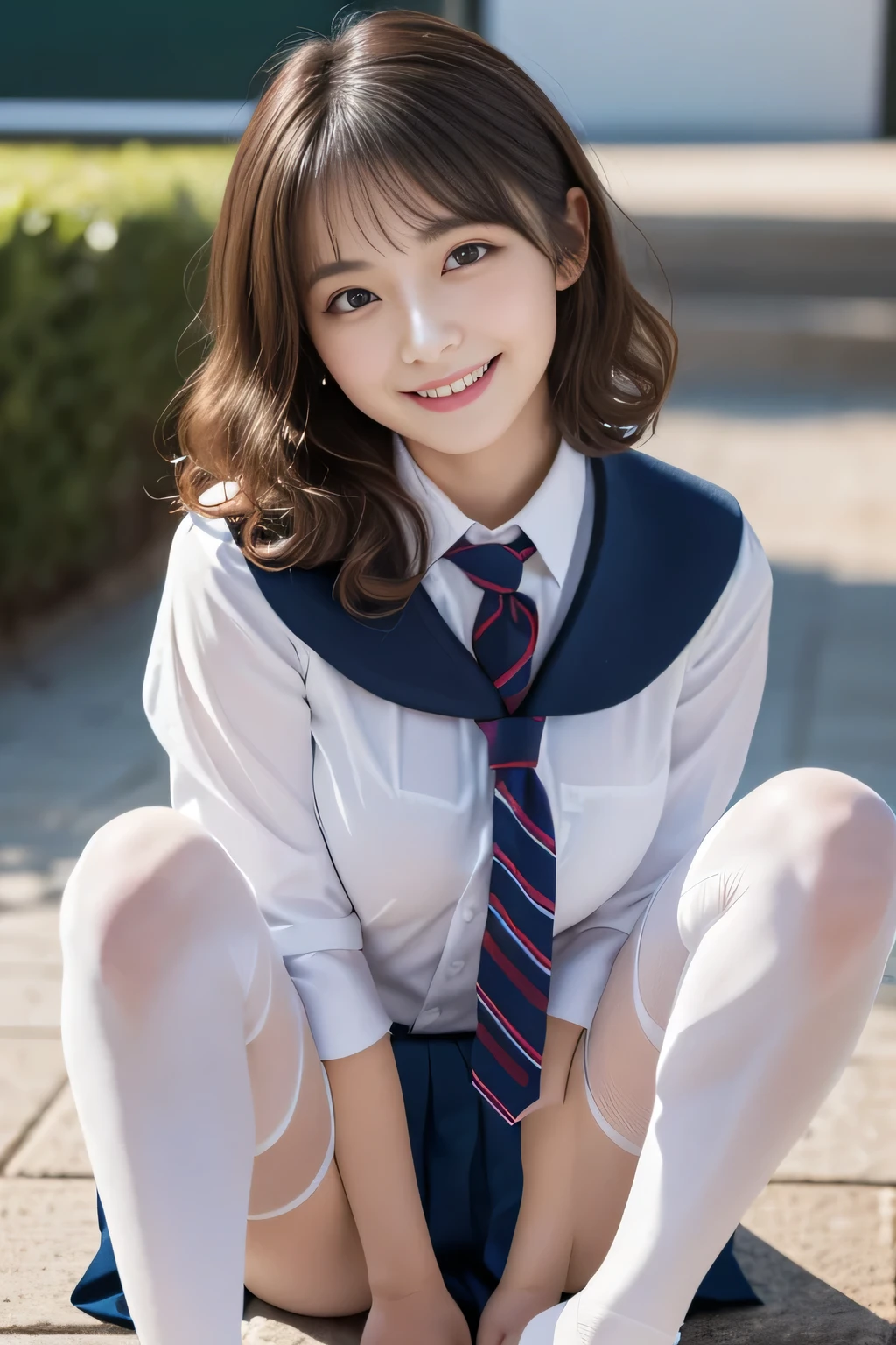 Very beautiful Japanese 20 year old woman, (とてもcute顔:1.9), (smile:1.9), (Sexy Body, Beautiful body:1.2),(looking at the camera, Kind eyes:1.3), (超High resolution;1.9) ,(Very beautiful eyes, Extremely beautiful skin), {Masterpiece}, {Highest quality}, High resolution, Very detailed, 8k, cute, {Very delicate and beautiful}, In detail,Stunningly beautiful, {photo realistic}, Intricate details, Very detailed, {Beautiful Face}, Super detailed, Depth of written boundary, Beautiful visual effects, (Shiny skin) , {One girl}, (double eyelid, round face), RAW Photos,Wide eyes, (school uniform:1.5), (She spreads her legs wide to show her pubic hair, Beautiful, well-groomed female pubic hair, White tights :1.6), Bright spot, Looking up, (Big Breasts, Nipples are erect, Curly Hair:1.6)