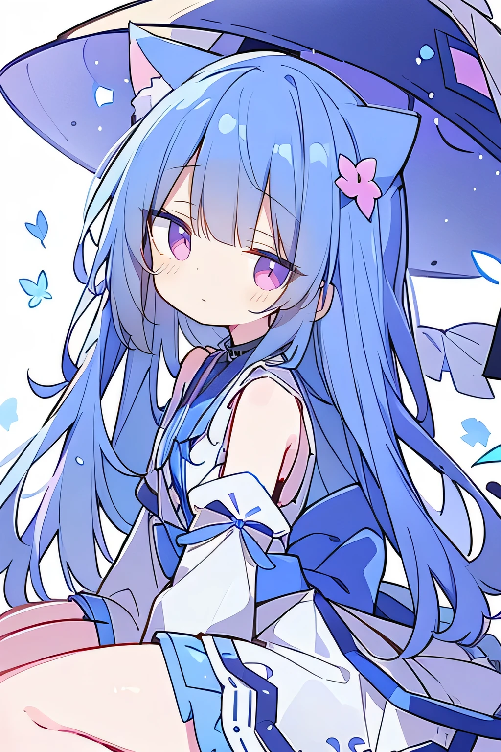 (masterpiece:1.2),Super detailed,lifelike,Expressive eyes,fair skin,perfect face shape,1 girl,
Japanese comics,Gorgeous blue hair,flowing blue hair,flowing clothes,Cat ears,Petals fall,beautiful lola,Baby Angel,
Shaking head with one hand,Cross your legs,,The pavilion is cool and comfortable,smile,back views,sunrise,Petals fall