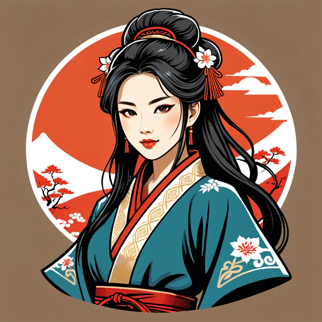 female warmage in japan folk outfit, vector graphics, strong contours, logo design
