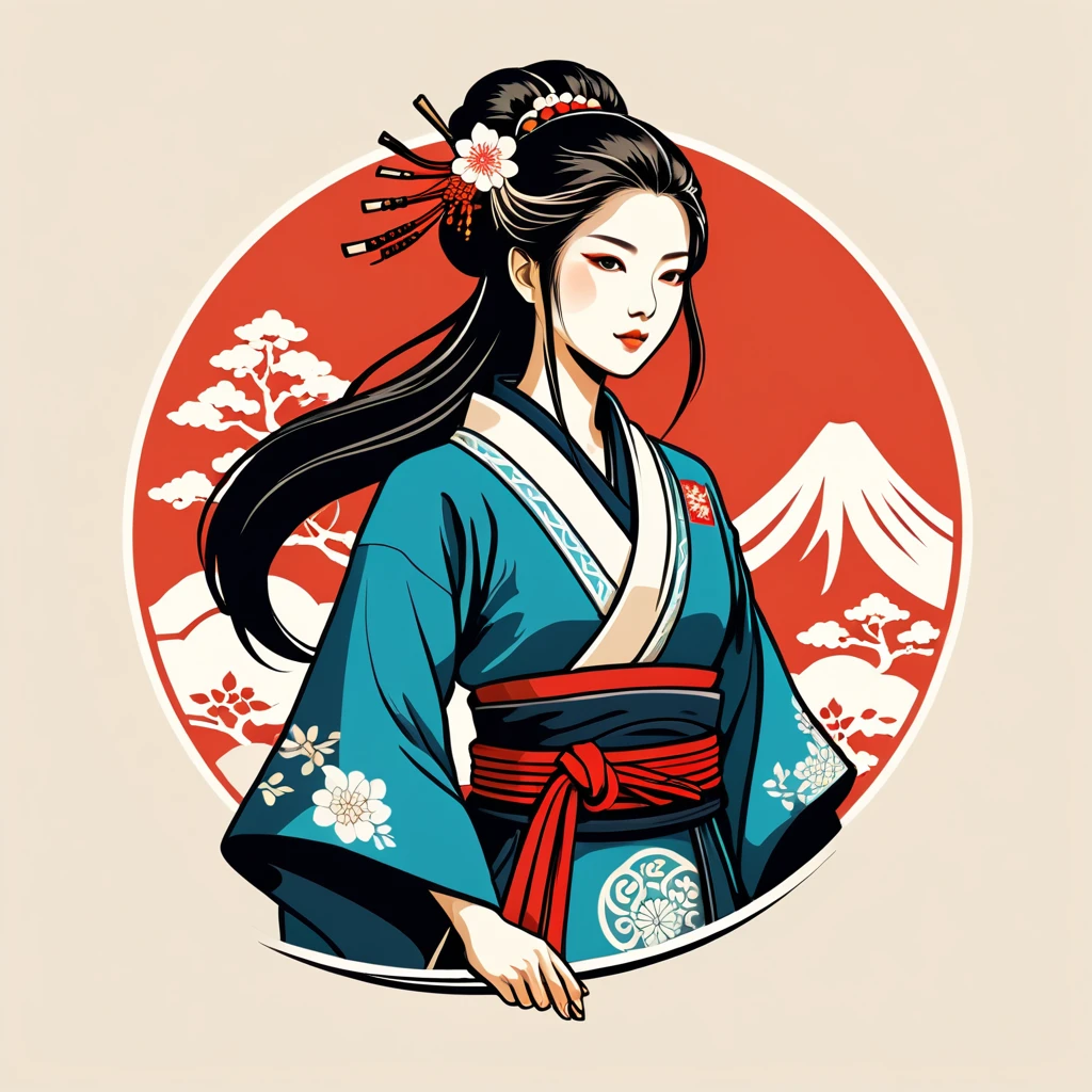 female warmage in japan folk outfit, vector graphics, strong contours, logo design
