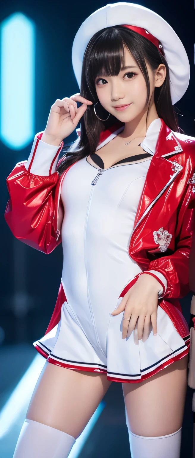 Cute and cool heroic idol girl、whole body、Good style、、、、、、、、、、Thick legs、、White and silver tight magician suit、Neat and clean idol face、summer night(Glowing)、Red jacket
