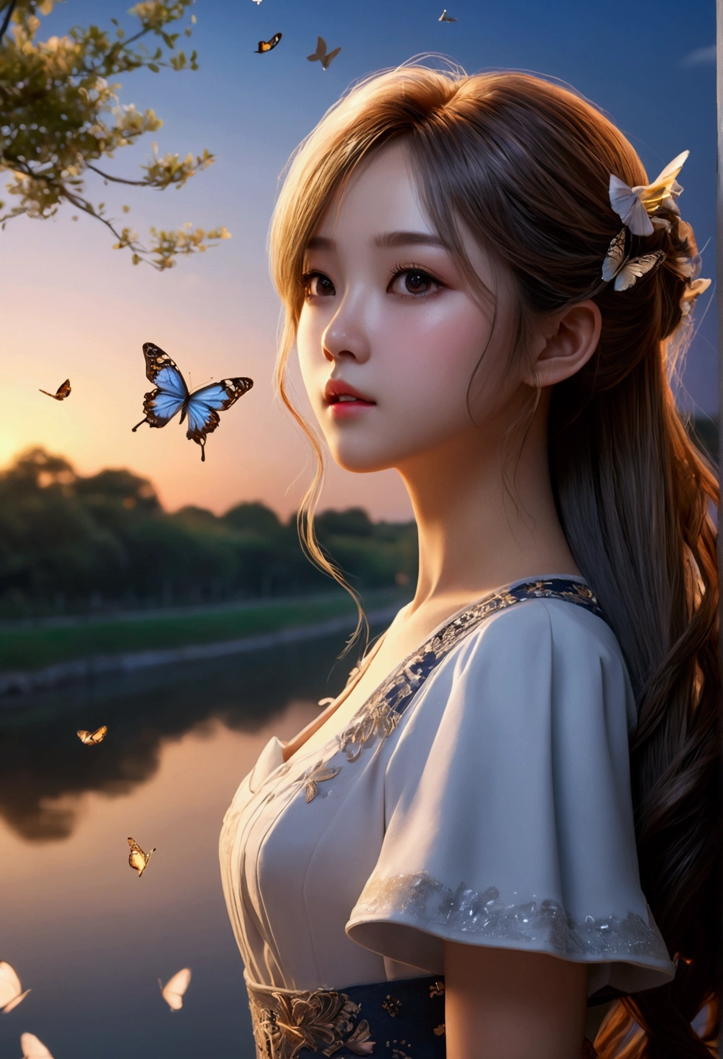 original, (masterpiece), (illustration), (extremely fine and beautiful), (perfect details), (CG unit wallpaper 8K:1.05), (Beautiful and clear background:1.25), (depth of field:0.7),1 girl,huanxiaoyi , (It is located next to the river:1.15).(hair blowing in the wind:1.1),butterflies flying around, (Moonlight:0.6), tree, (summer), (evening:1.2), (close up:0.35), (gloves:0.8), Alone ,