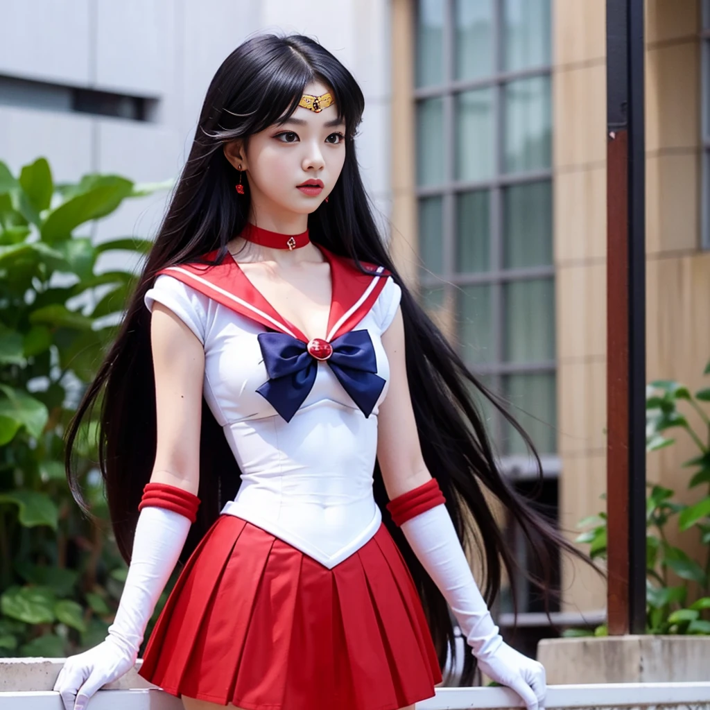 1 girl,long hair, (high quality,8K,black hair, realistic, high quality,masterpiece,Super detailed,organized)1.5,((Summer 1, tiara, Sailor Venus Uniform, white gloves, Red sailor collar, red skirt)),City of night,white gloves,purple ribbon,purple eye, (magical world,fire), (bust-up photo, standing:1.5), yeji, yeji of itzy,kpop