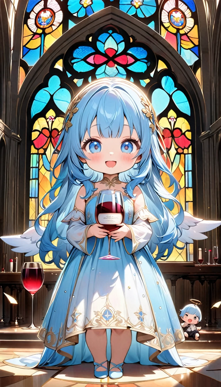 masterpiece, best quality, extremely detailed, (illustration, official art:1.1), 1 girl ,(((( light blue long hair)))), ,(((( light blue long hair)))),light blue hair , , long hair ((blush)) , cute face, big eyes, masterpiece, best quality,(((((a very delicate and beautiful girl))))),Amazing,beautiful detailed eyes,blunt bangs(((( little delicate girl)))),tareme(true beautiful:1.2), sense of depth,dynamic angle,,,, affectionate smile, (true beautiful:1.2),,(tiny 1girl model:1.2),)(flat chest) ,nijijourneywaterpainting, a baby toddler angel have wine, cathedral --niji 6ChromaFT_v3(best quality), (beautiful detailed eyes), (ultra-detailed), (finely detail), (highres), (baby:1.2), (toddler:1.5), (chibi:1.2), (happy:1.2), angel have wine, cathedral, (stained glass:1.3), (gold decorated:1.2), (scattered gems:1.2), (wine:1.2)