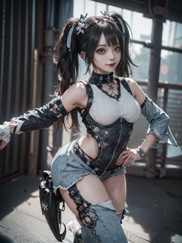 (Full body view:1.4)、(Side view:1.1)、(Smiling with teeth showing:1.3),(Shibuya Gal:1.5)、(Gothic ta style fashion:1.5)、(Punk RockVisual Kei:1.5)、(Wearing a rhythmic gymnastics bodysuit with intricate details:1.4)、(Racing suit and pants with delicate decorations in white, denim and charcoal:1.5)、(Denim and light blue and white boots:1.3)、((belt))、(Numerous delicate logo marks all over the costume:1.4)、(collar:1.3)、(Striped underwear:1.5)、20-year-old、NSFW、((Highest quality、In 8K、masterpiece:1.3))、Sharp focus:1.2、(Layered Cut、Huge boobs:1.1),Beautiful woman with perfect figure:1.4、(Dancing vigorously:1.3)、Slender Abs:1.2、Highly detailed face and skin texture、Detailed eyes、double eyelid,(Twin tails:1.3)、(Brown Hair:1.3)、Gravure idol、(The background is the stage of the fashion show:1.3)、(Slim Body:1.3),(Make your legs thinner:1.4),(clavicle:1.1)、(Thin and slim thighs:1.4)