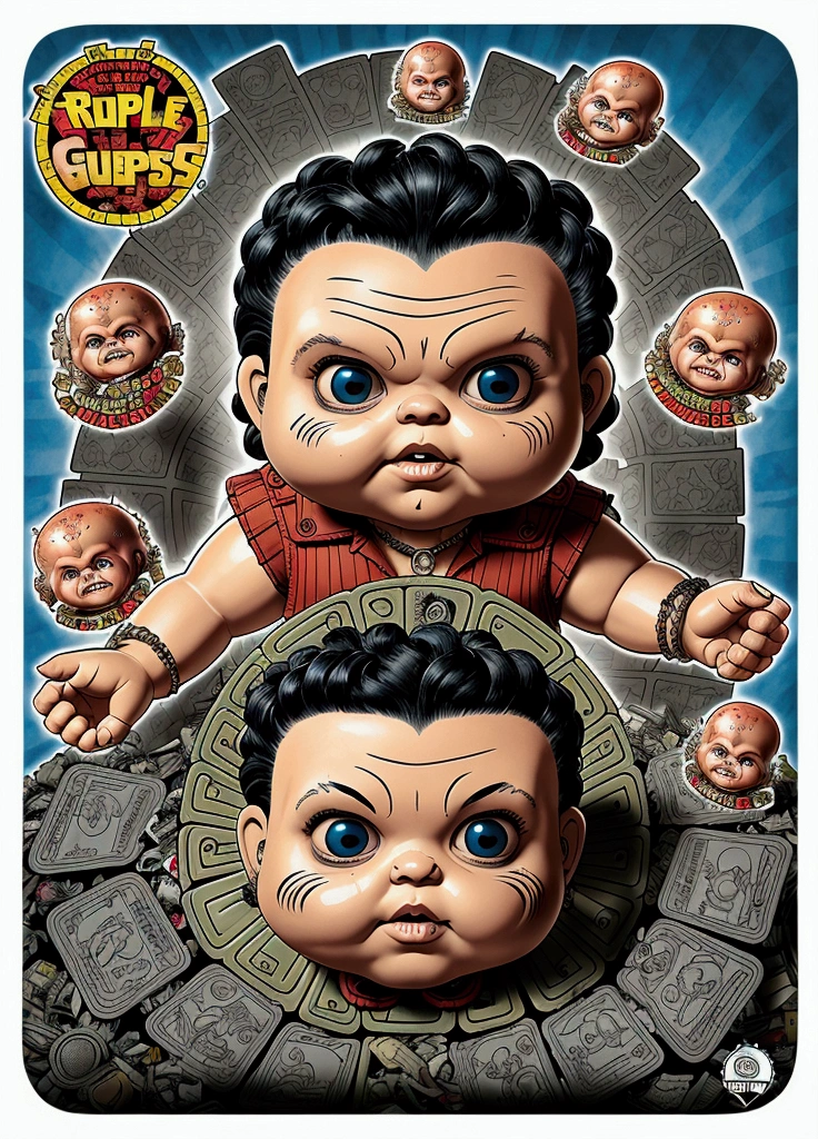 Medusa turning men into stone, ((garbage pail kids style)), in Greece.3, no text, wide angle, cartoon, high quality, watercolor, detailed, full body