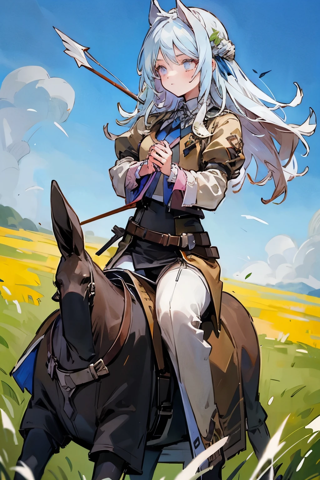 Make a girl on a horse while shooting arrow in grasslands with hair fluttering